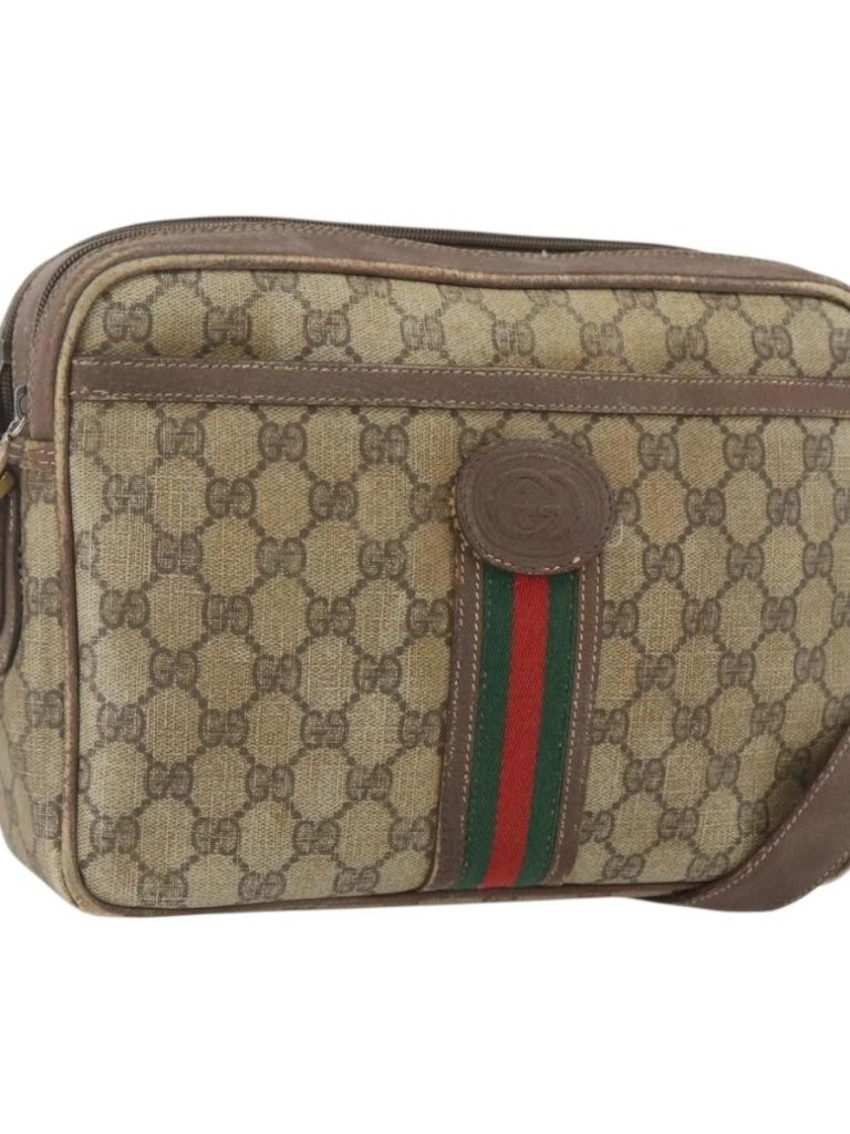 Gucci Gg Supreme Web Sherry Line Shoulder Bag Pvc Beige Gold Auth 158516